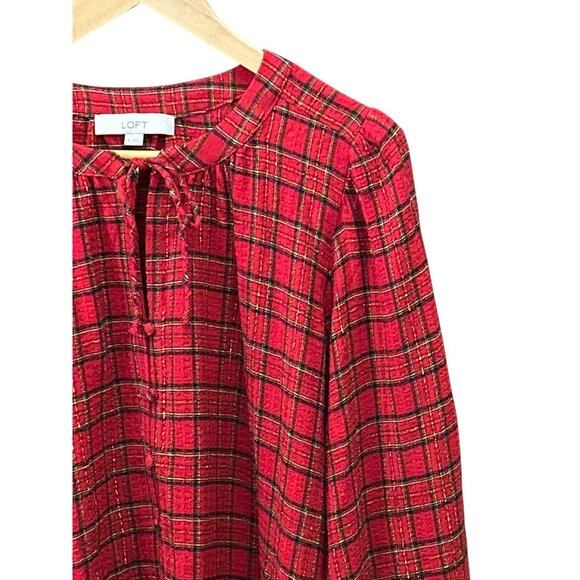 Loft Women's Red Plaid Button-Down Drawstring Blouse Size XL Peplum Christmas - Picture 3 of 6